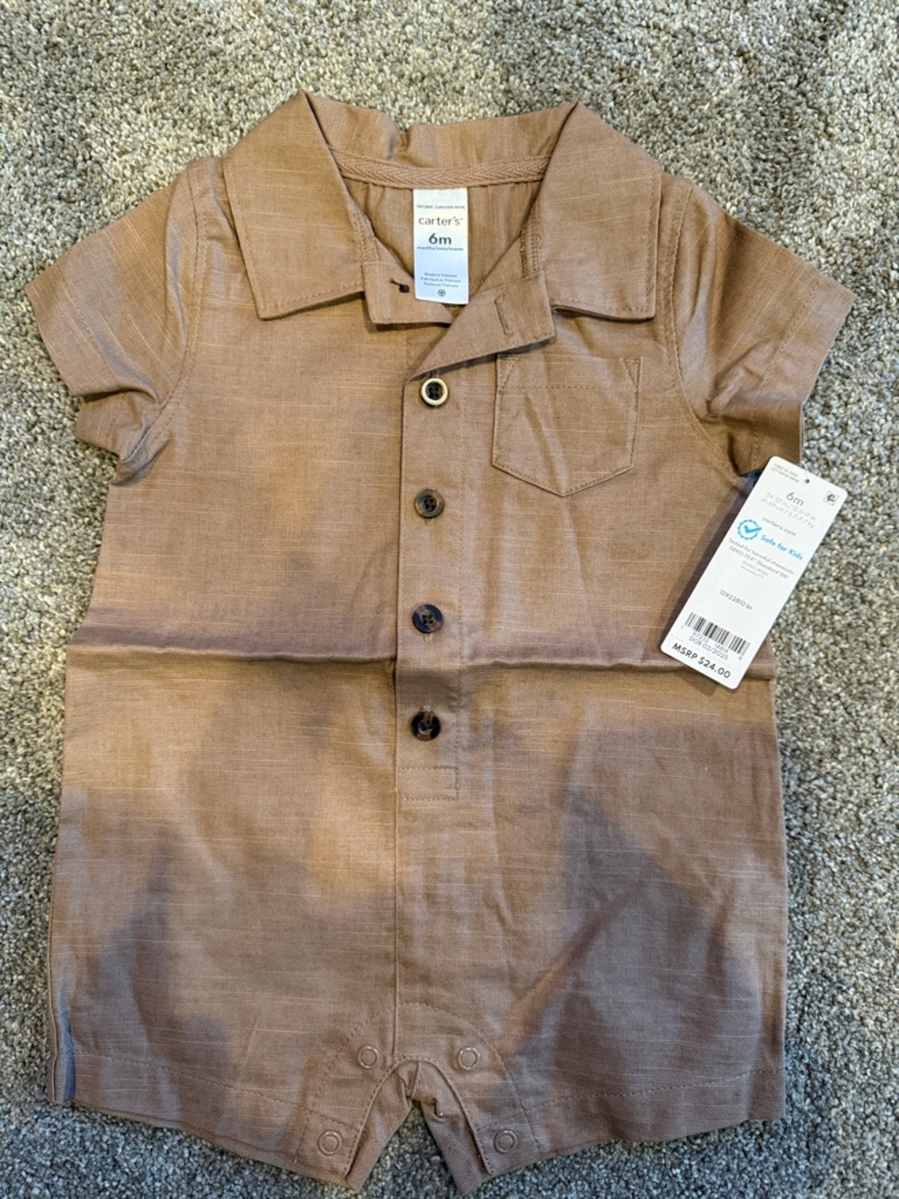 Carter's Brown Collared Button Romper 3-6 Months NWT